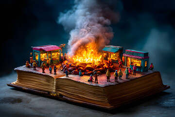 BBQ inside a giant book with characters from stories gathered around the fire