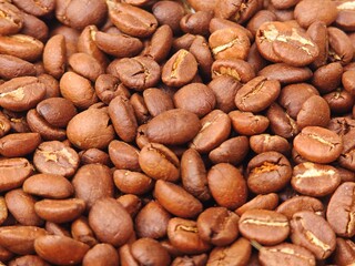 Freshly roasted coffee beans, showcasing their rich brown texture.