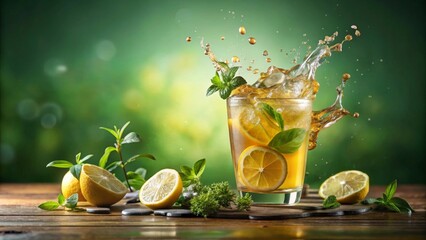 Refreshing Iced Tea with Lemon and Mint Splashing into Glass on Wooden Surface