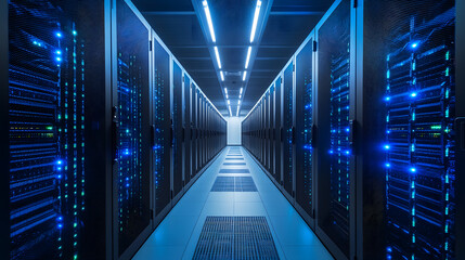 Obraz premium Data Center Server Racks with Blue Lights Empty Corridor Perspective