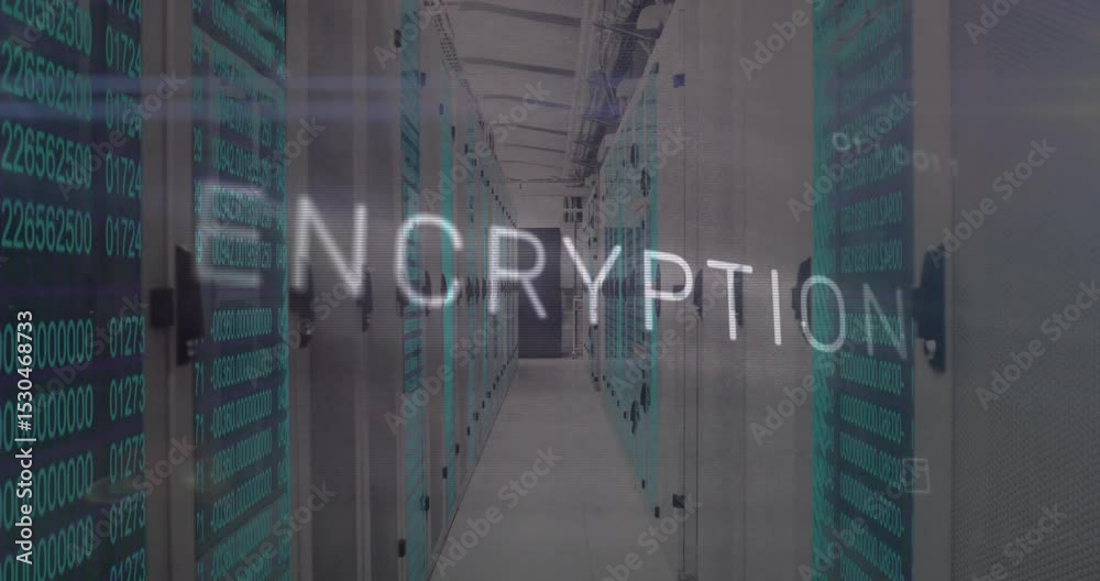 Poster code streaming through server racks starting encryption text fading glitching, visualizing security