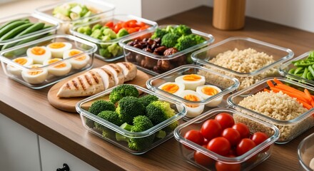 Healthy Meal Prep Containers: Balanced Diet Food Preparation with Protein and Vegetables