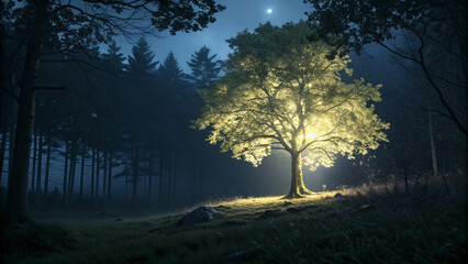 Obraz premium Luminous Tree in Dark Forest Night Nature Photography