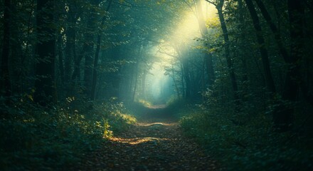 Fototapeta premium Sunlight filters through a mystical forest path