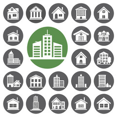 Fototapeta premium Modern real estate icon set featuring house, building, and apartment symbols for web and logo design illustrations