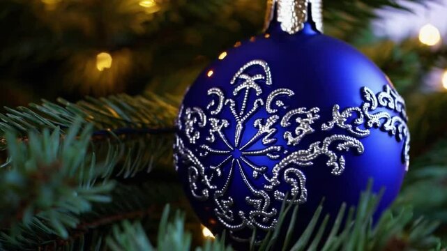 Blue Christmas ornament with silver pattern on pine branch, festive tree decorated with glowing lights, elegant holiday atmosphere