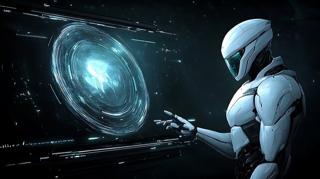 An advanced robot interacting with a futuristic holographic user interface