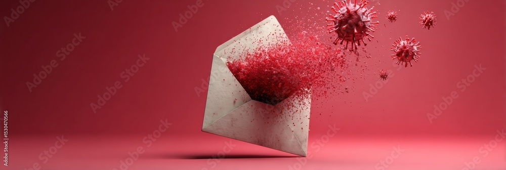 Poster phishing bait represented as a gift box opens to reveal a mist of viruses in a creative digital rend