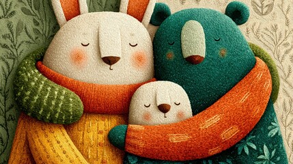 Cute Valentine's Day illustration of two cartoon animals hugging in a cozy watercolor style, warm and bright colors, clean white background, minimal flat design, pop art style