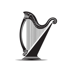 Solid Black Harp Silhouette - Harp Vector Image - Music Icon Illustration.