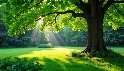 Obraz premium Serene beech tree garden scene, dappled sunlight filtering through leaves onto lush green groundcover Perfect for nature, tranquility, and peaceful garden themes , undergrowth, bark