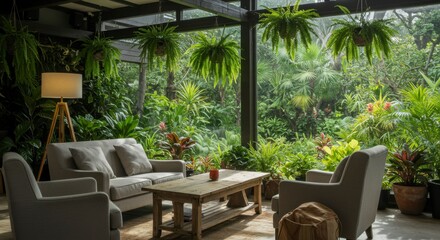 Fototapeta premium Tranquil indoor seating area with lush greenery view