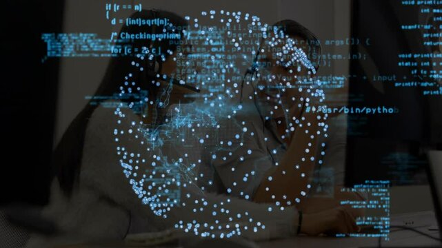 Holographic globe appearing, woman tapping stylus and man typing laptop fixing code in tech