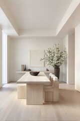 Fototapeta premium minimalist dining area featuring original table set against clean light background