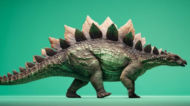 A large stegosaurus walks powerfully Its spiky plates and tail present a formidable figure The dinosaur is set against a clean green backdrop