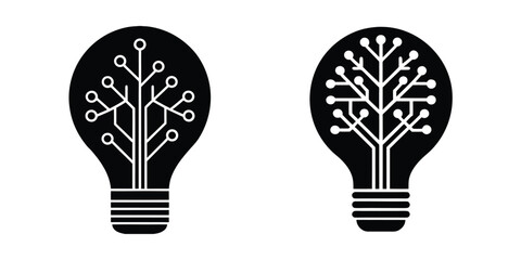 Light Bulb Filled With Circuit Tree Symbolizing Tech Growth Silhouette on White Background