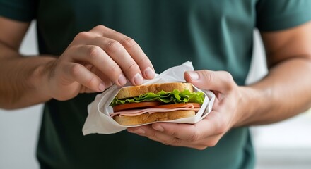 Healthy sandwich preparation: man holding a ham and lettuce sandwich wrapped in paper