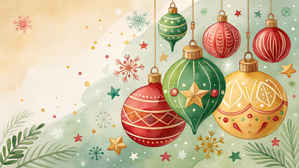 Abstract New Year background with festive decorations, colorful watercolor illustrations of holiday baubles in red, green and gold, cheerful and bright with copy space  