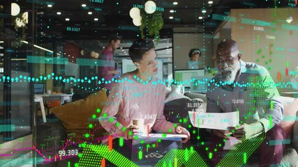 Team pointing at numbers in finance lounge as data points floating initiating line chart showing - Powered by Adobe