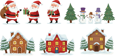 Santa Claus, snowman characters, decorated Christmas trees, festive holiday houses, gingerbread home, snowy pine trees, winter season, holiday celebration, gift exchange scene flat vector illustration