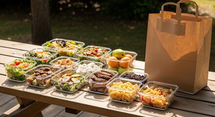 Healthy Takeaway Food on Picnic Table: Fresh Salads, Pasta and Fruits Ready to Eat
