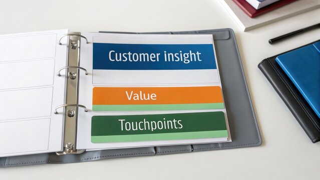entrepreneurship branding customer focus. Binder containing labeled tabs for business concepts: Customer insight, Value, and Touchpoints, organized for easy reference.
