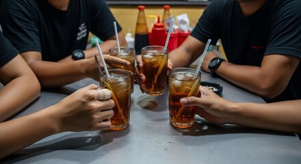 Ice Tea Time: Friends Enjoying Refreshing Drinks Together at Local Cafe