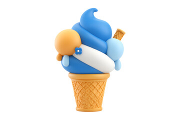 A delightful 3D render of an ice cream cone, featuring playful character toppings