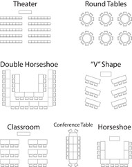 Seat plan icon set, Theater, round tables, seminar, classroom, conference, v shape, Horseshoe, top view, chair and table, architectural plan with blueprint, customizable stroke, vector, illustration	