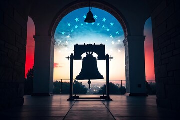 Liberty bell silhouette at sunrise with stars