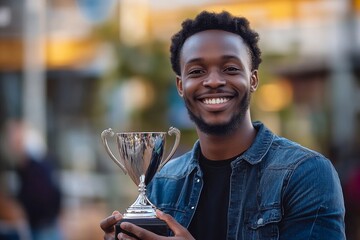 Employee holding a trophy, celebrating being recognized as the best employee of the month., Generative AI
