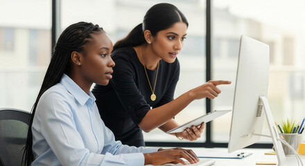 Teamwork professional women working together in a modern office, reviewing finance data and audit reports using computer and digital tablet.