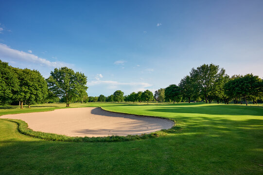 Wide-angle view of a golf green with flagstick, trees, and bunker under a vibrant blue sky. Perfect for nature, leisure, and outdoor sport themes.