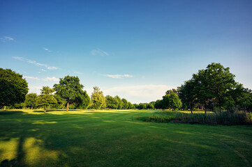 Scenic view of a green golf fairway lined with trees under a clear blue sky. Ideal for outdoor, sport, and leisure themes.