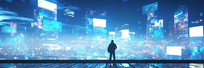 Digital cityscape with holographic screens and silhouette

