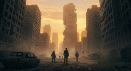 Post-apocalyptic cityscape with figures in the foreground. A deserted city with damaged skyscrapers, and remnants of vehicles. Dusk or dawn light