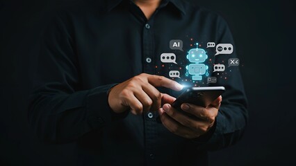 Businessman uses AI chatbot on smartphone for digital communication and customer service. Smart virtual artificial intelligence assistant, Intelligent system in today business world 3