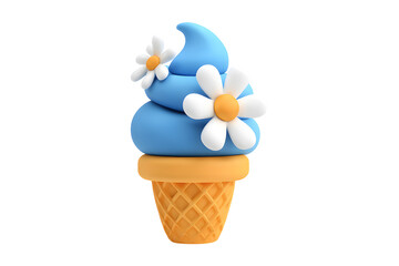 Cute Blue Ice Cream Cone with Flowers isolated on transparent background