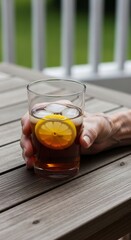 Iced Tea with Lemon Refreshment: A Hand Holds a Cold Drink Outside