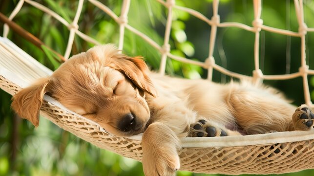 A puppy retriever sleeping at hammock with nature background