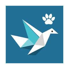 Origami bird and paw print design on blue square representing peace and pet care