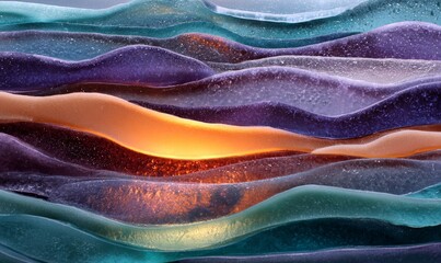 Abstract image of colorful, layered glass with a glowing light in the center.