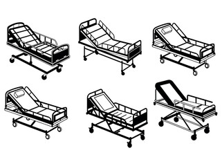 Various Hospital Beds on Wheels, Black and White Illustration,  displays a collection of different types of hospital beds, healthcare, medical, bed, patient bed, wheelchair, adjustable bed, metal bed.