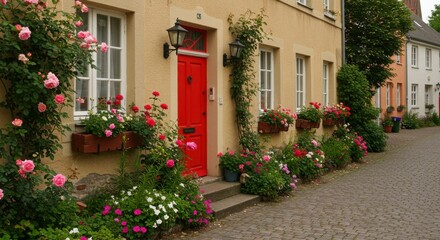 Charming tan house with vibrant flowers, a red door, and cobblestone street