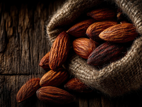Rustic burlap sack spills almonds onto textured wooden surface