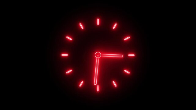 clock icon animation glowing neon red color analog clock wall clock watch timer dial sign symbol on black background - Powered by Adobe