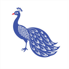 Blue peacock vector art illustration isolated on white, a symbol of beauty and wildlife