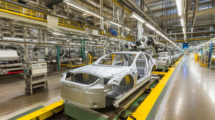 Robotic arms assembling vehicles on a modern production line, showcasing precision and automation in manufacturing.
