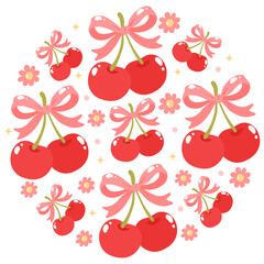 Cute circular arrangement of bright red cherries with pink bows and small flowers in a kawaii hand-drawn style