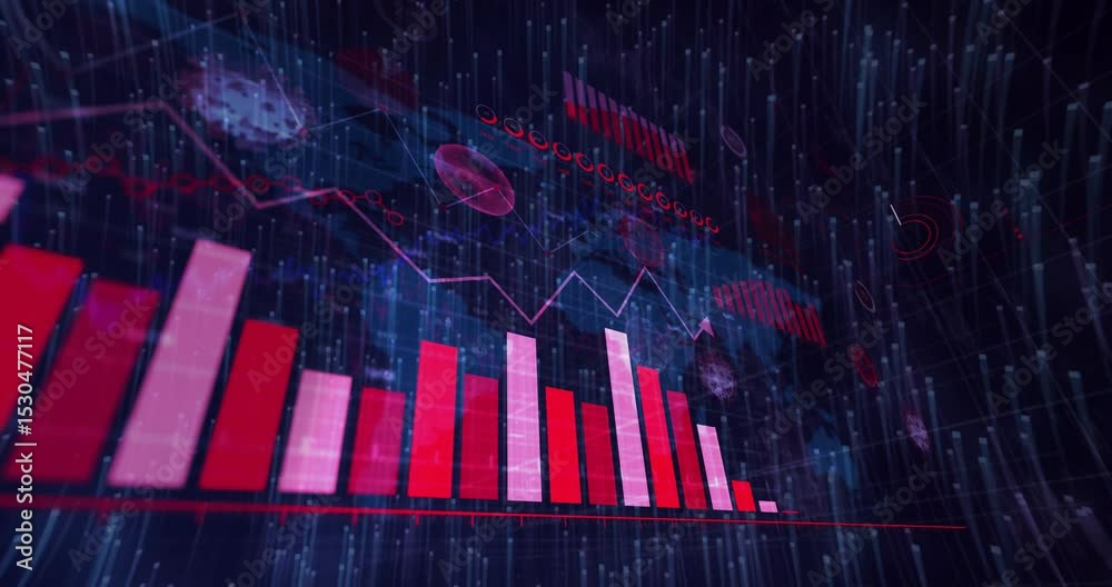 Poster grid spawning red baseline, bars fluctuating, line graph oscillating, icons visualizing data